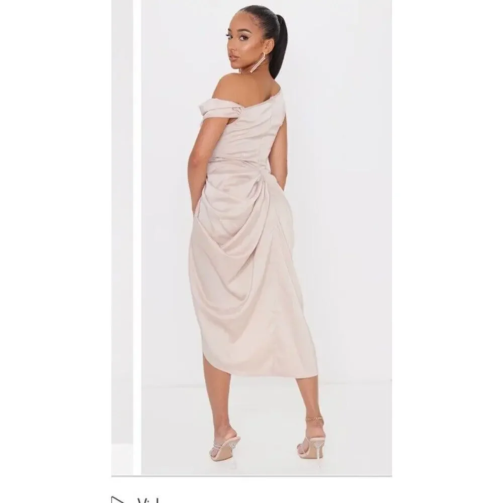Pretty Little Thing Satin Off The Shoulder Draped Dress Nwt 78$ formal 10 fall - Picture 3 of 11